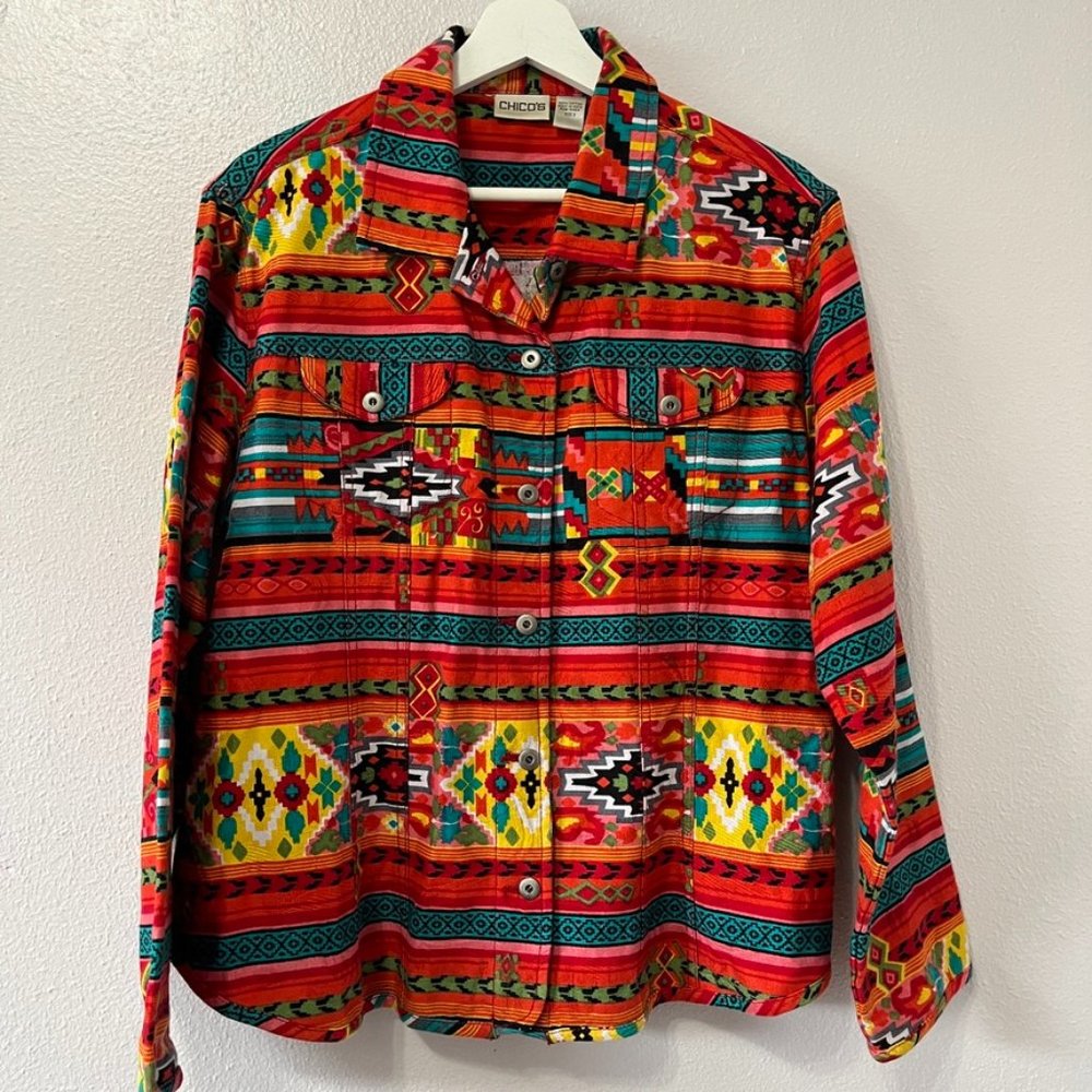 Vintage Chico’s Vibrant Southwestern Aztec Cotton Jacket L